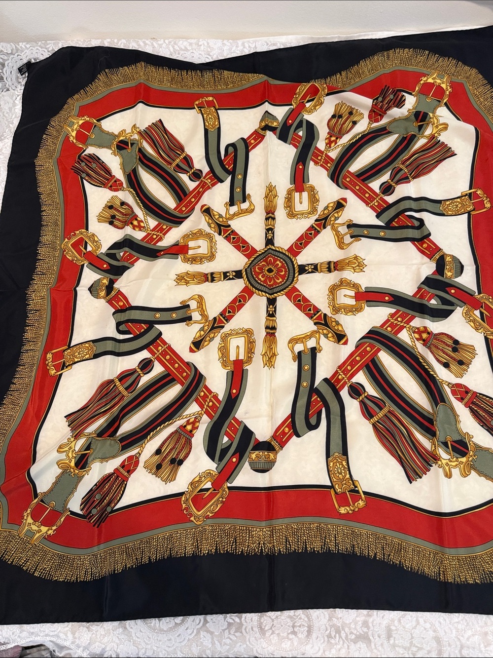 Vintage Hermes Black Red Cream Multicolor Equestrian Belt Motif Silk Scarf